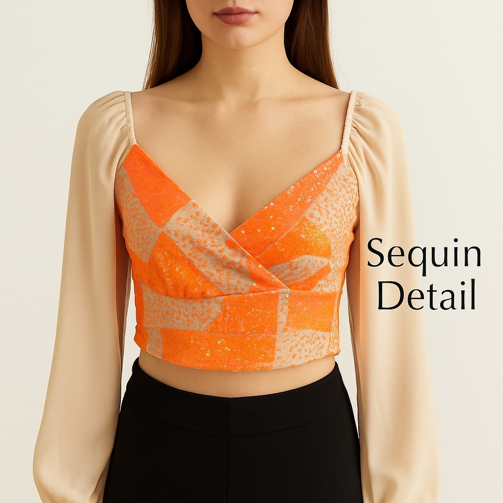 NWT D&M Sequin Crop Top L Sheer Puff Sleeve Y2K
